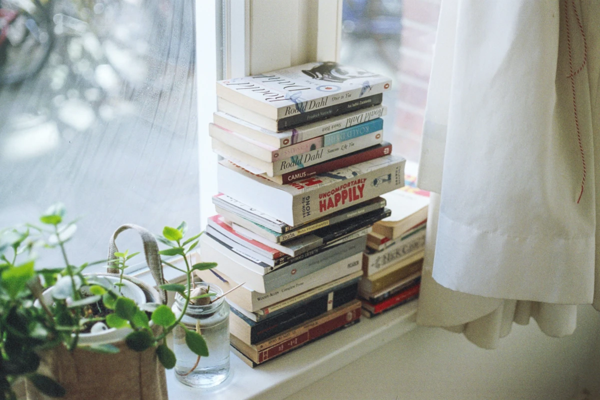 stacked books on a windowsill