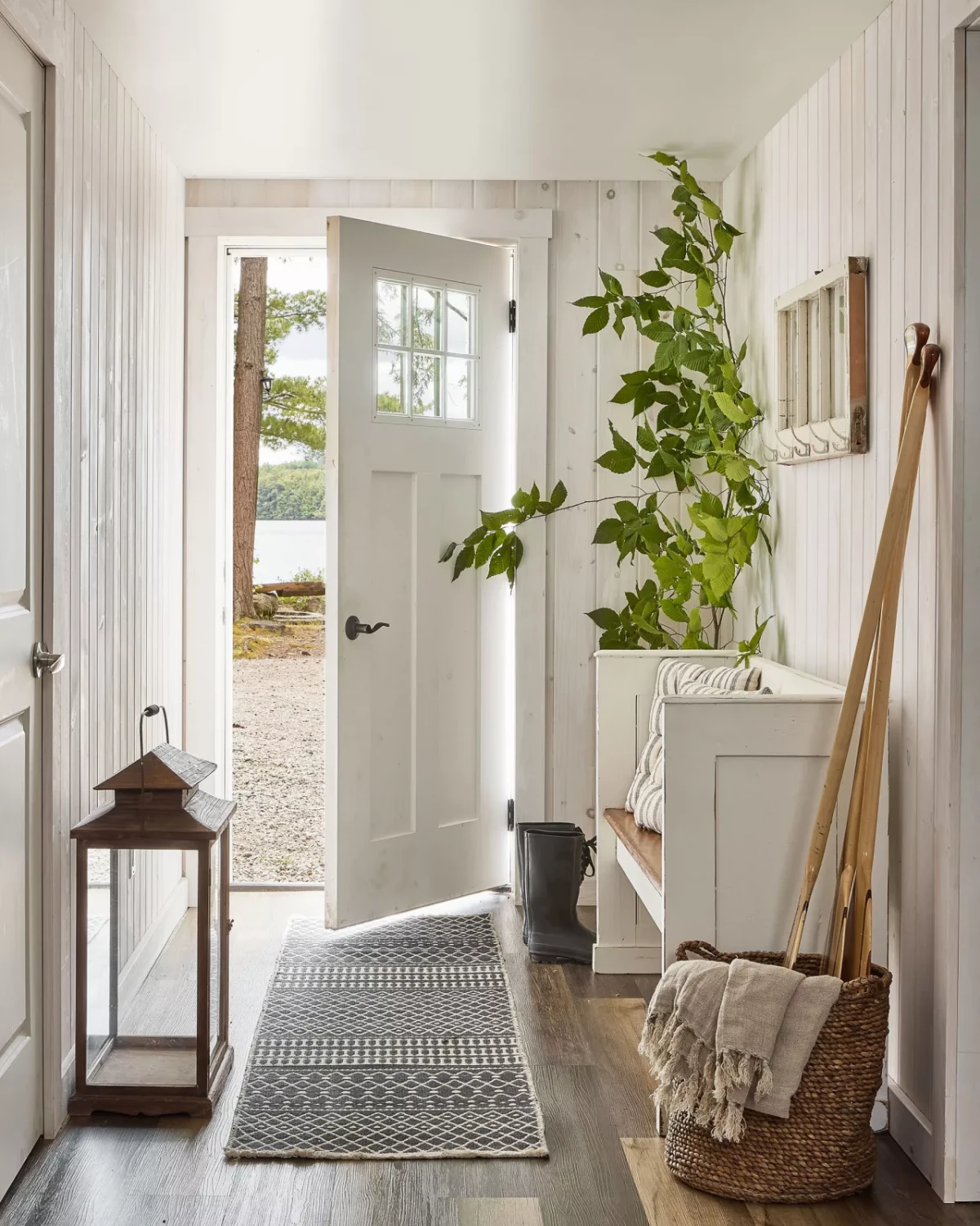 white entry way with rug