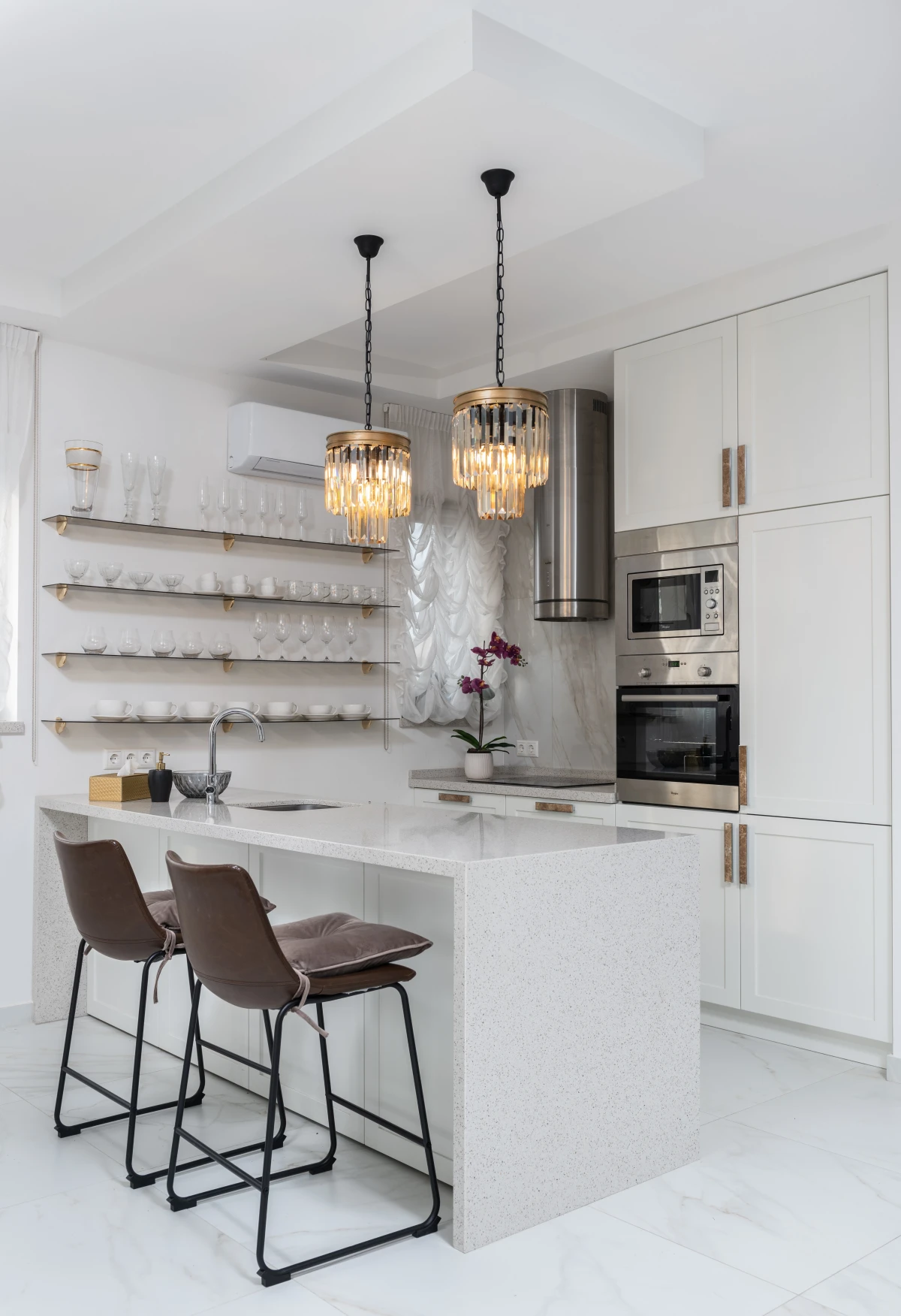white kitchen with overhead light