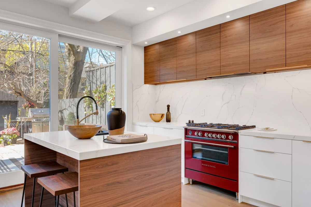 wood and white cabinets