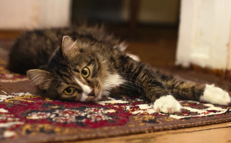 cat laying on red carpet
