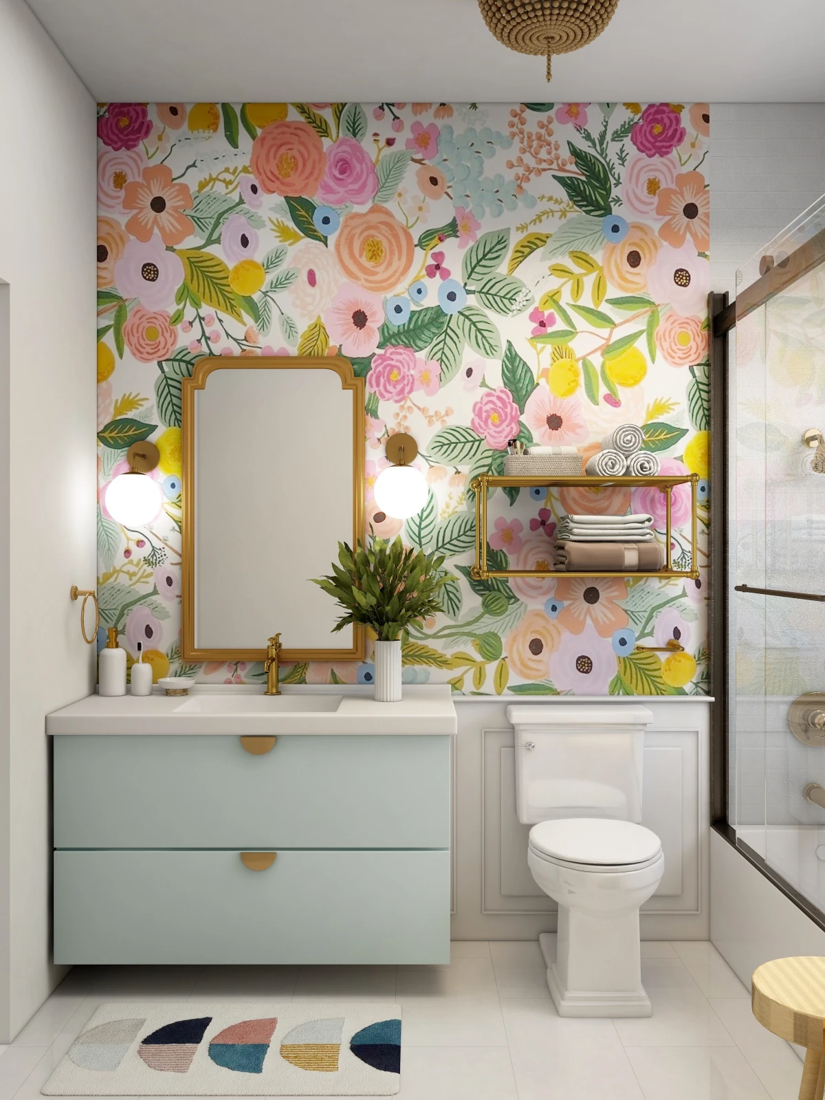 colorful flower wallpaper in bathroom