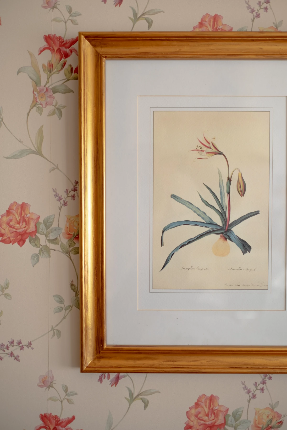 flower wallpaper behind framed painting