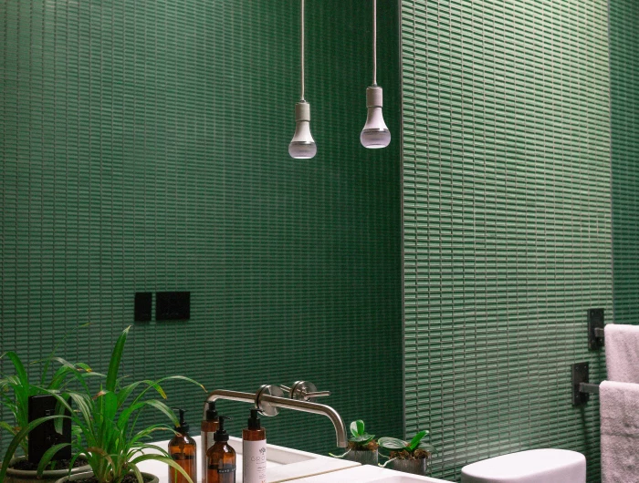 green small tile bathroom design