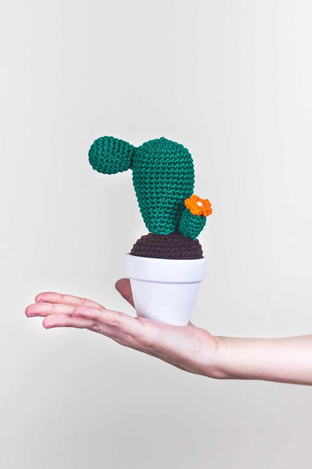 hand holding a crochet cactus