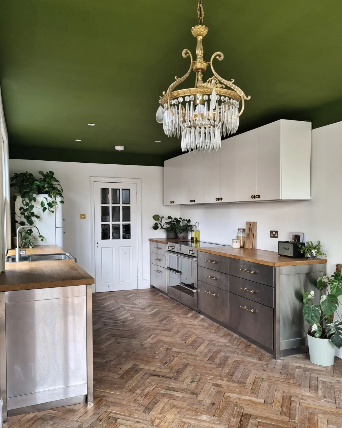 kitchen with painted ceiling in green