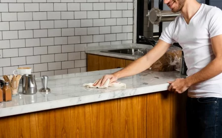 man cleaning his quartz countertop