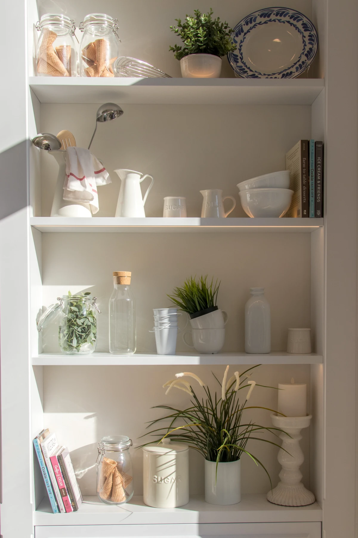 shelves with kitchen items