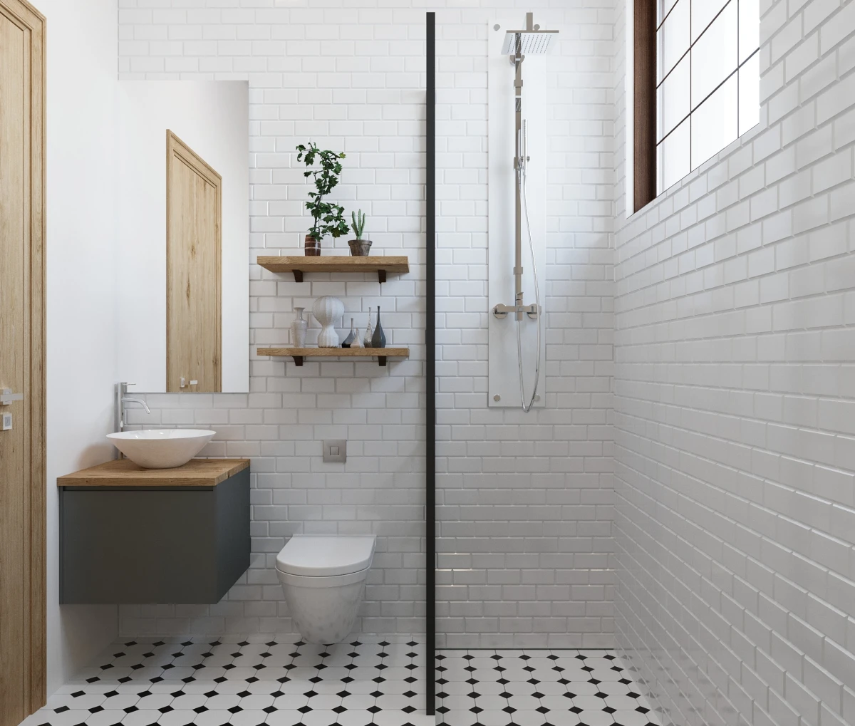 white tile shower with toilet