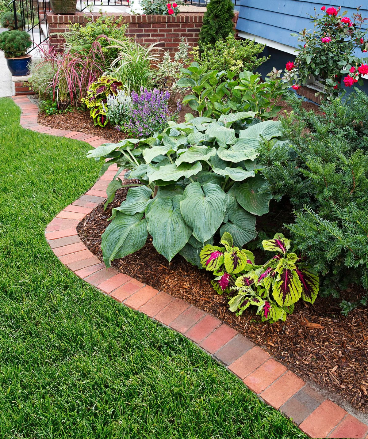 brick red edging of flower bed