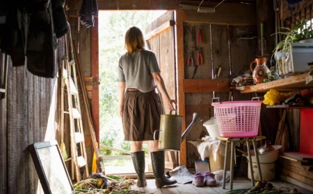 cluttered garden shed with woman standing in the middle