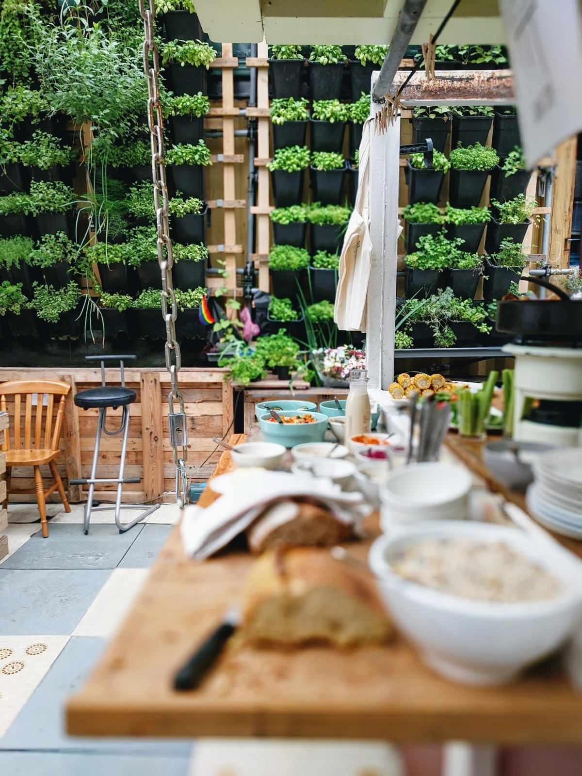 outdoor kitchen with wooden countertop