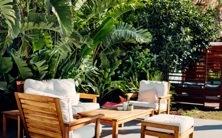 patio table surrounded with plants