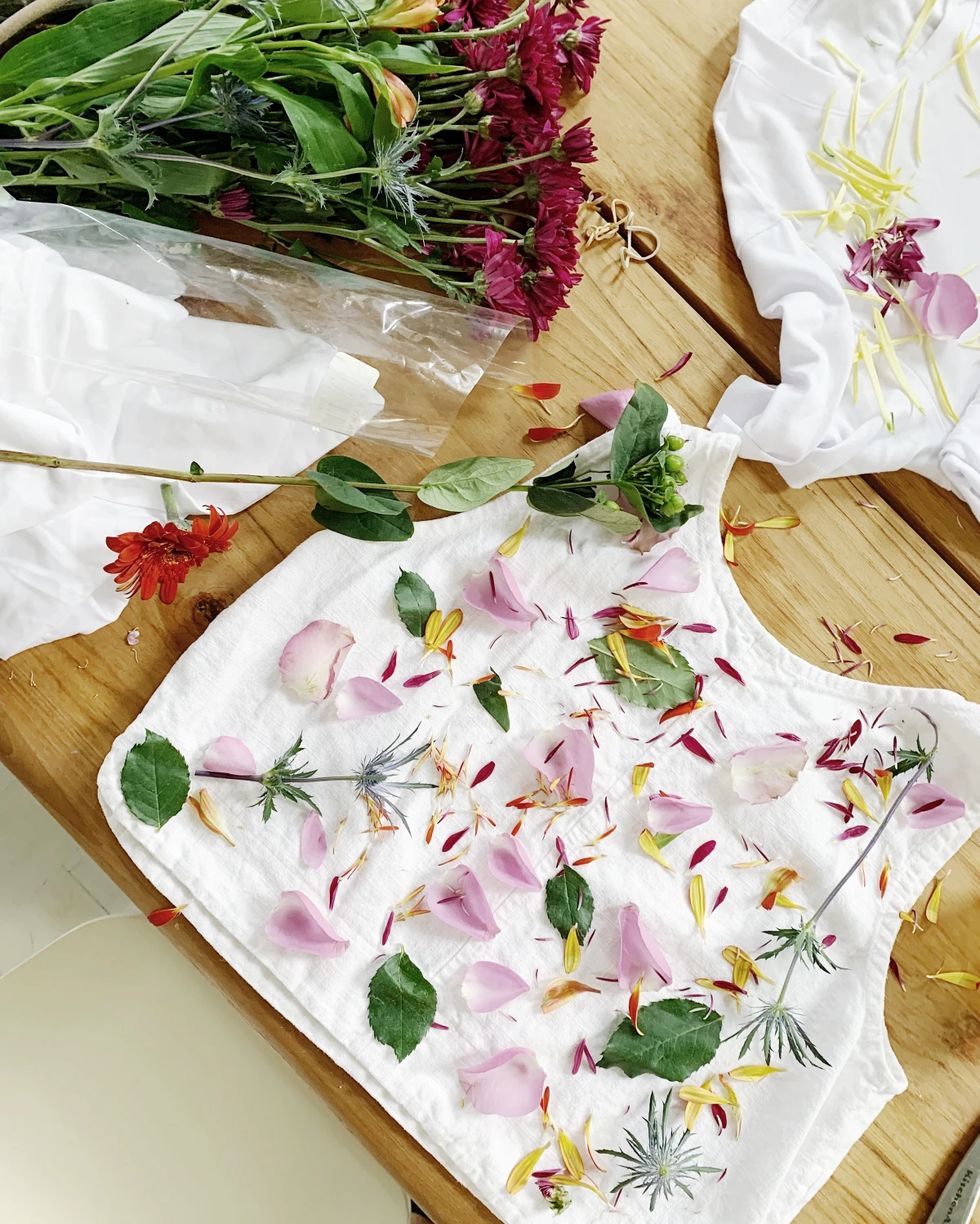 pressing flowers onto textile