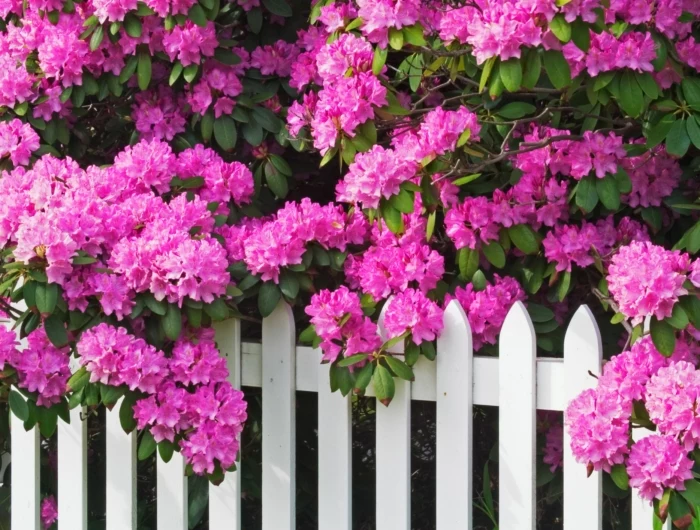 rhododendrons and picket fence