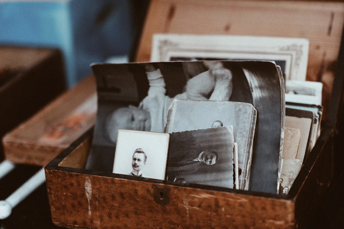 storage shed box of old black and white photographs