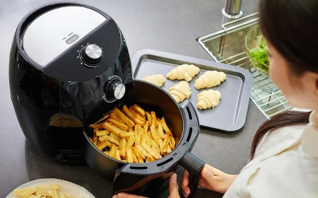 woman drying fries in air fryer