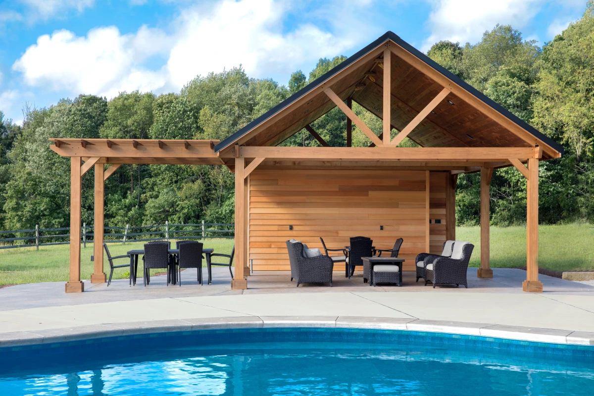 wooden gazebo over swimming pool