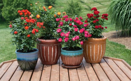 roses in containers on patio