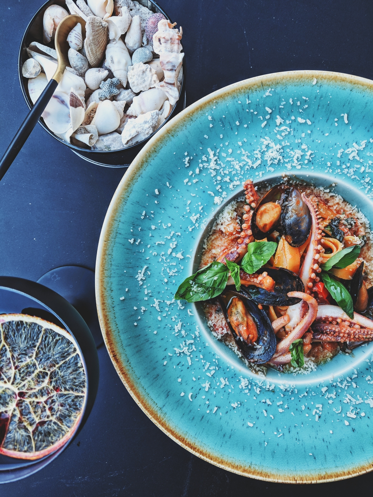 sea food in a blue plate