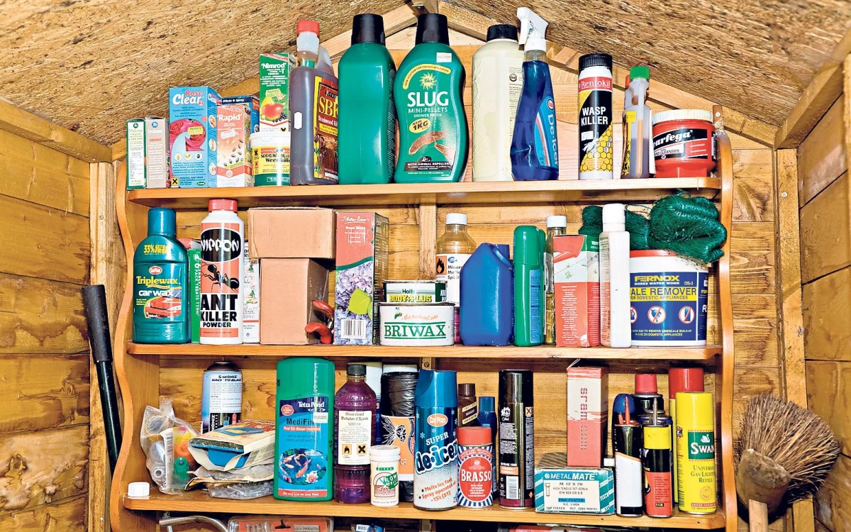 how to declutter a shed shelves with garden chemicals