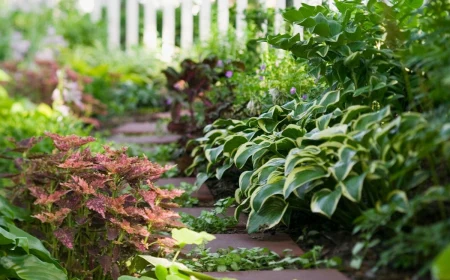 shade garden with brick path