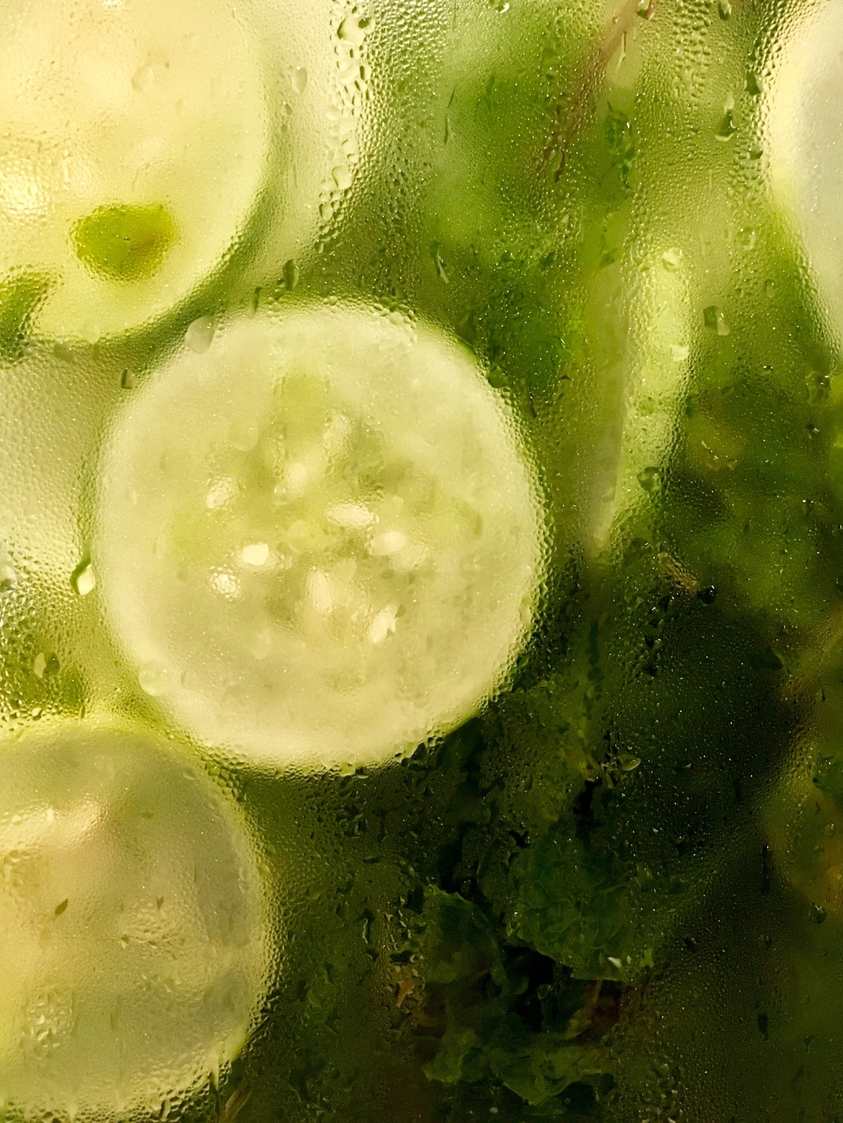 cucumber slices behind glasss