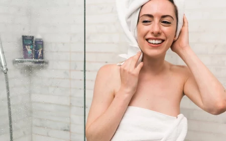 woman getting out of the shower happy