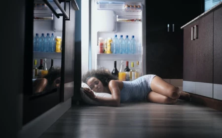 black woman awake for heat wave sleeping in fridge