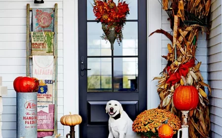 dog in front of black door fall decorations