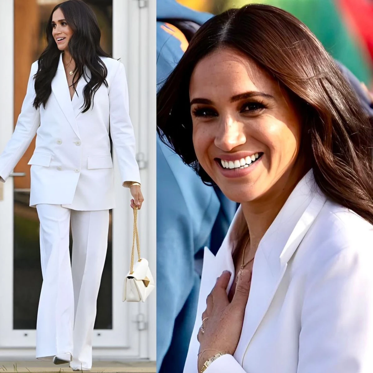 meghan markle in white suit and brown hair