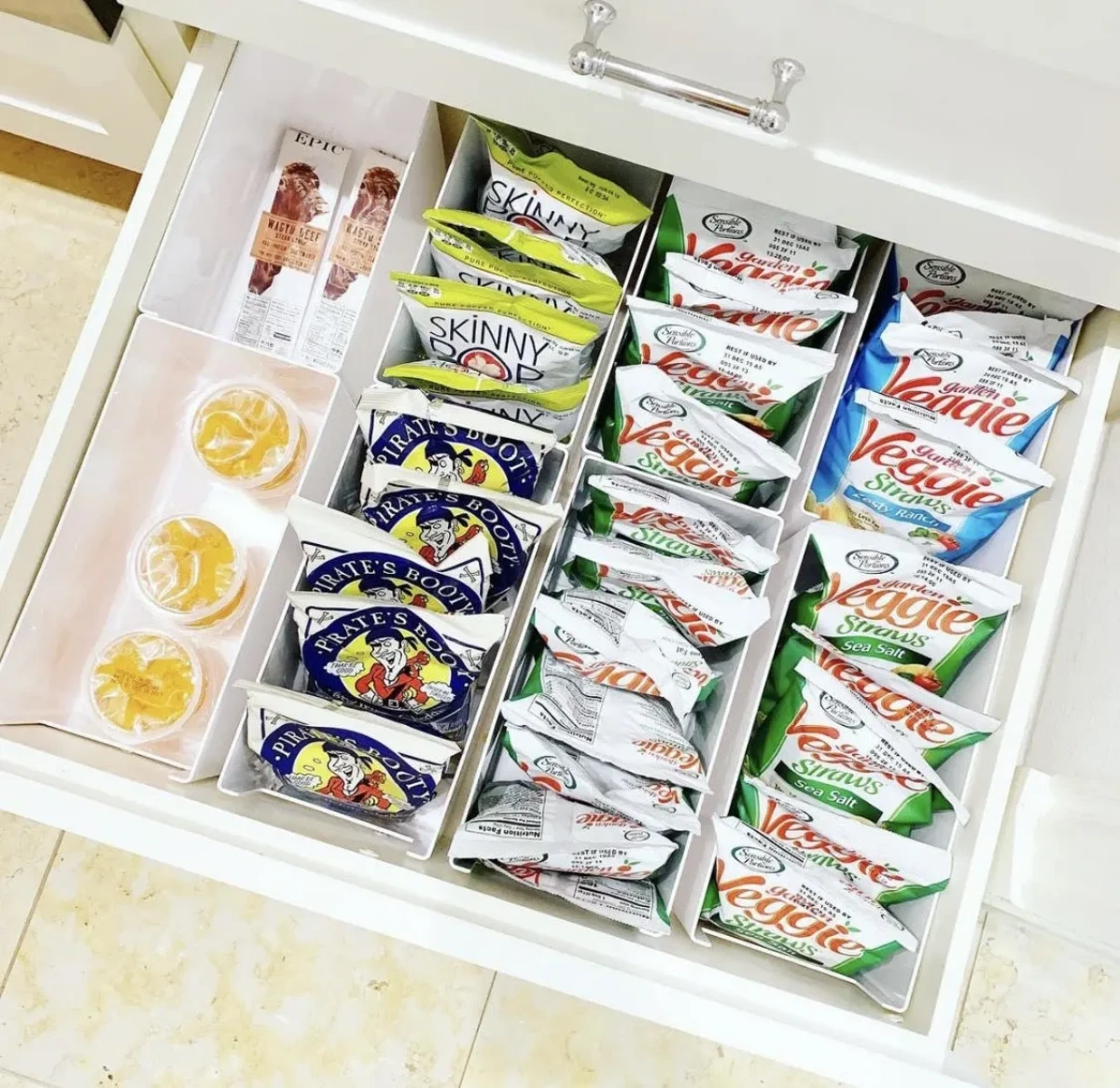 organized snacks in drawer