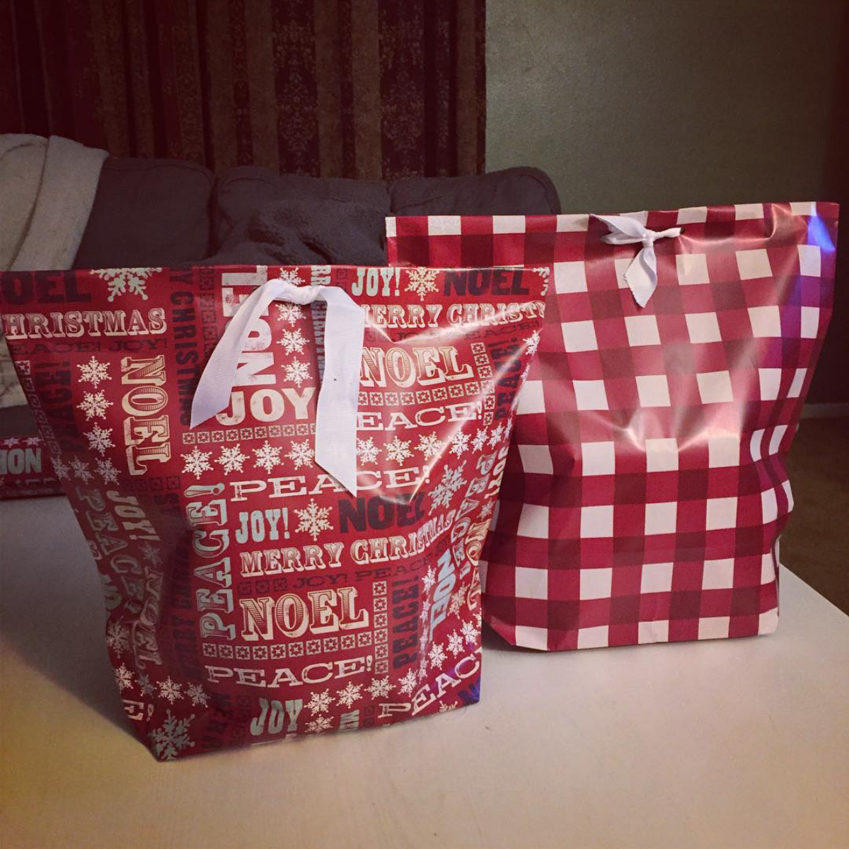 red wrapping paper gift bag