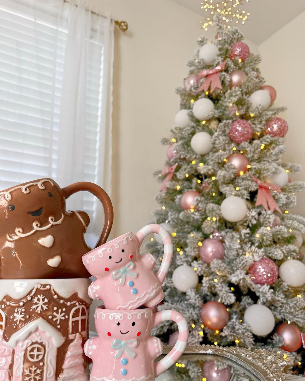 rose gold ornaments on tree
