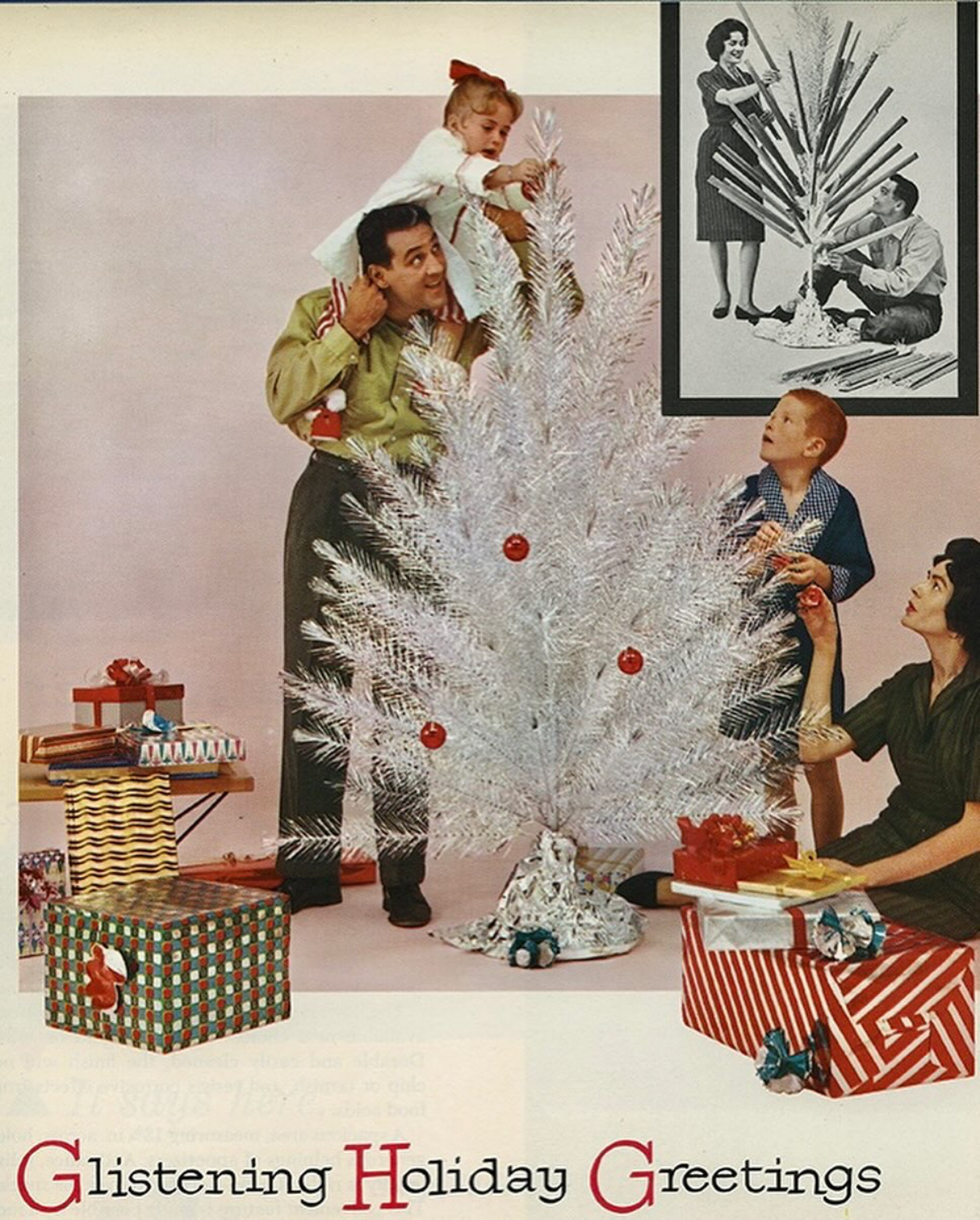vintage magazine ad for aluminum chirstmas tree