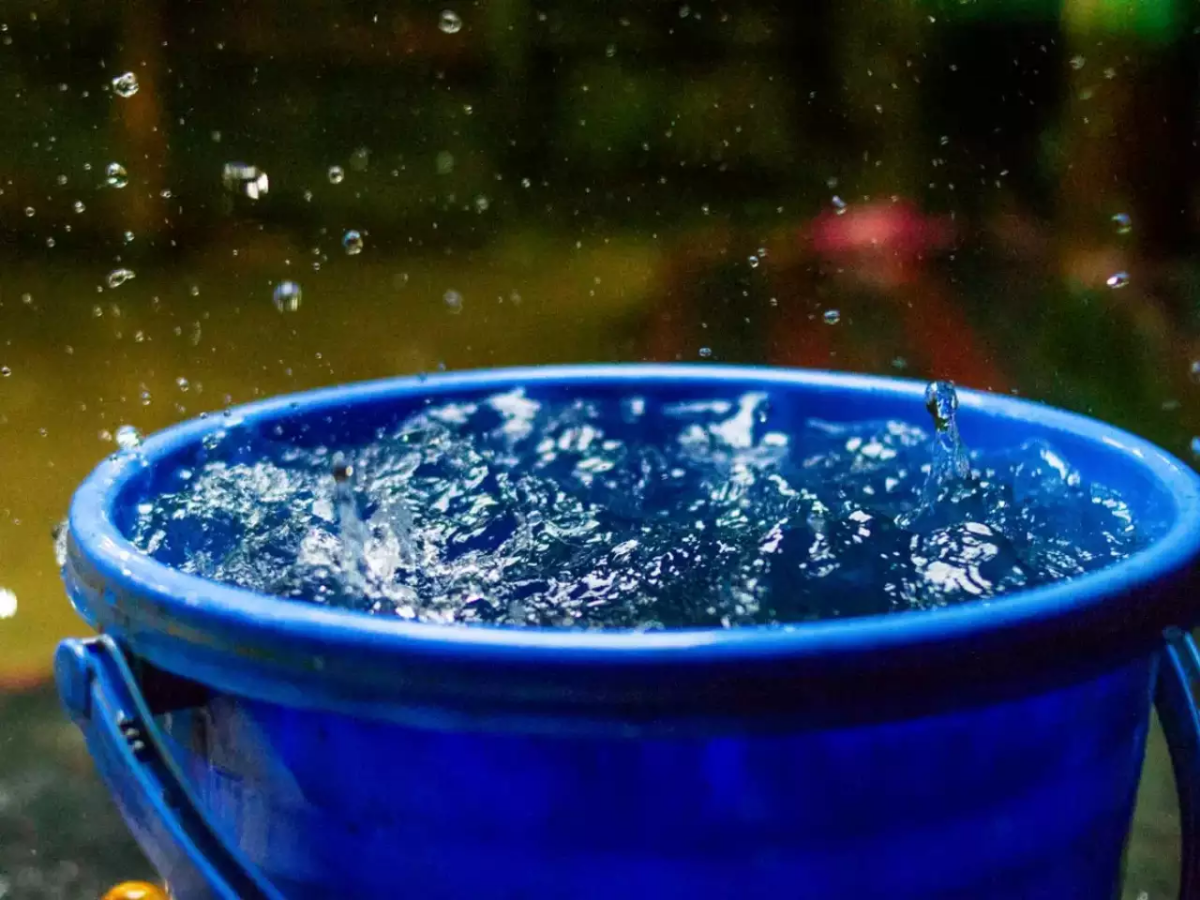 blue bucket filled with water