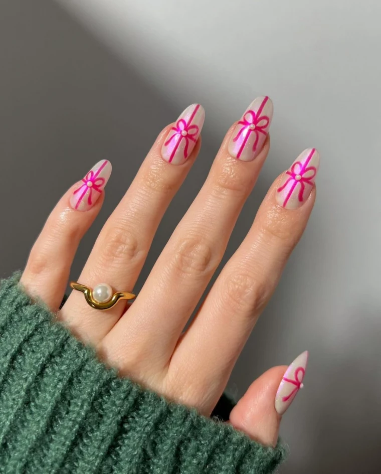 christmas nails pink bows