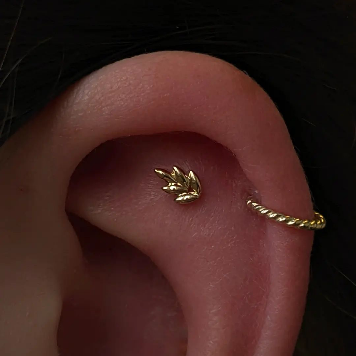 helix piercing gold leaf and earring