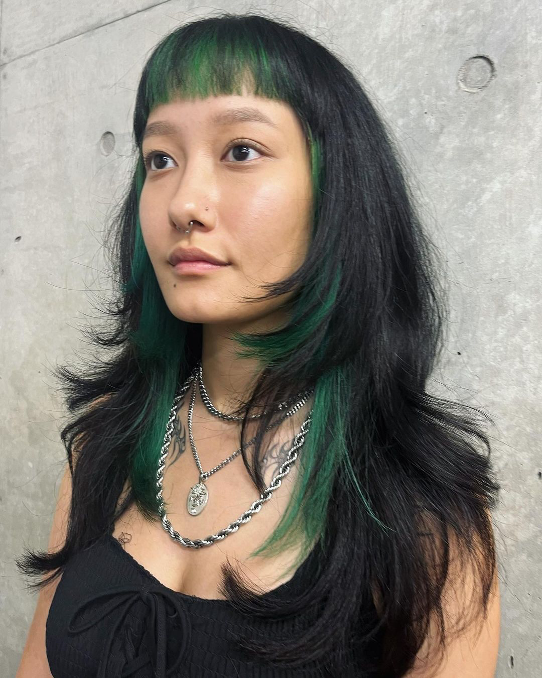 hush cut long hair with bangs green