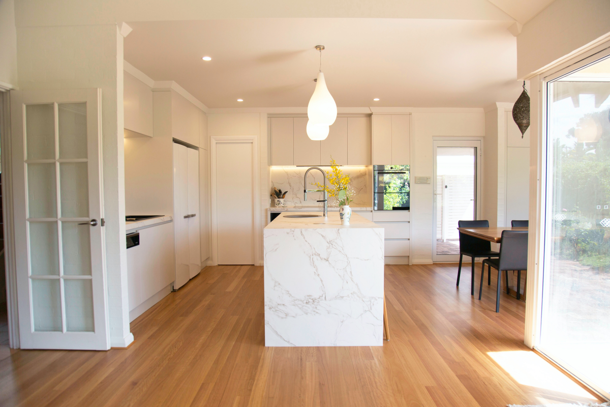 kitchen with prefinished hardwood floors