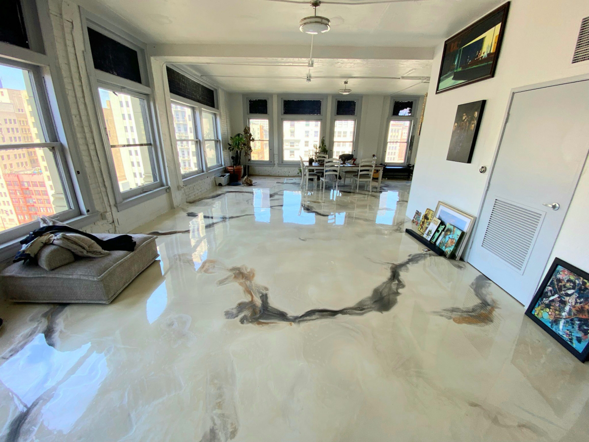 metallic epoxy floor white