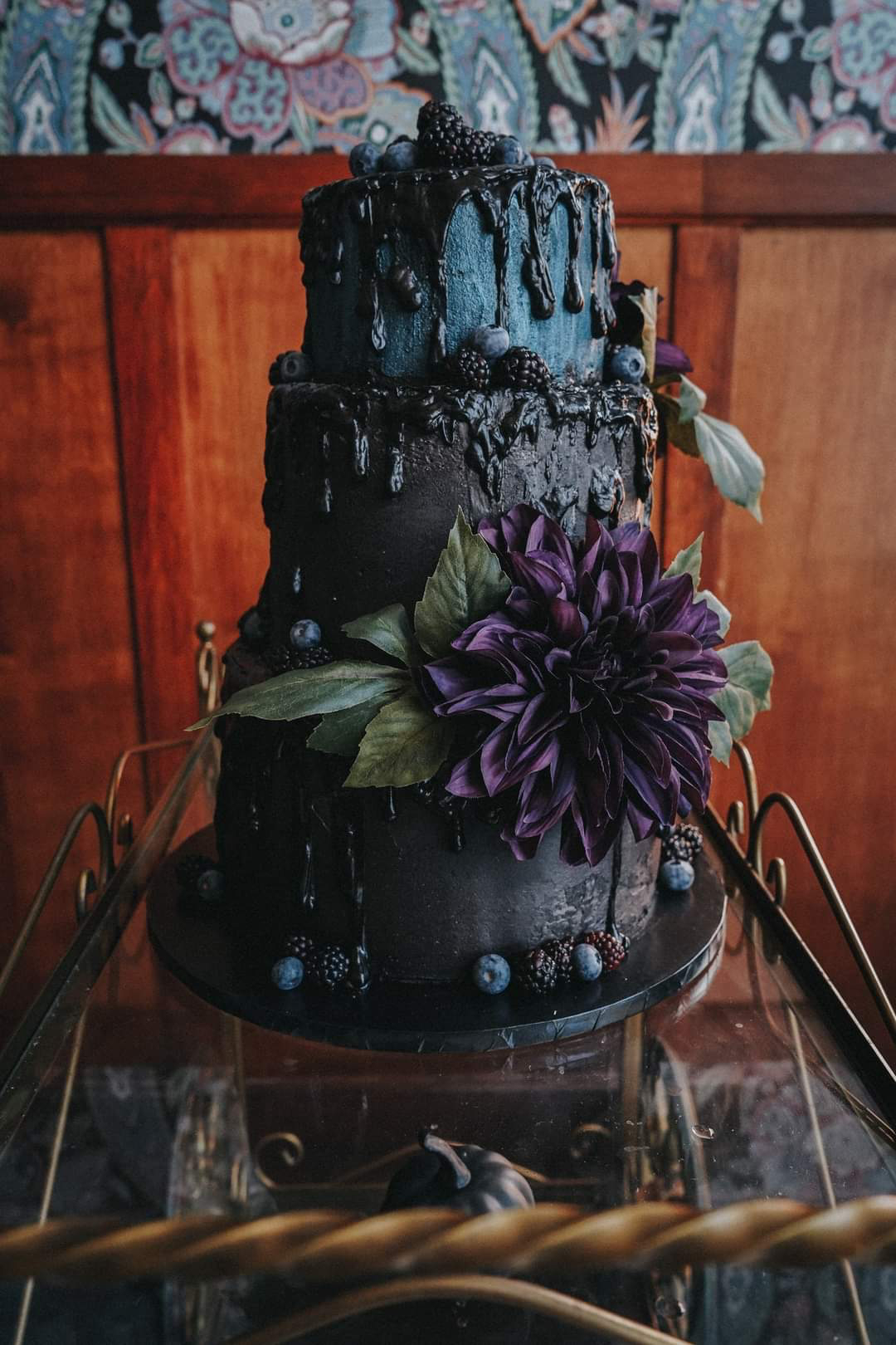 black and blue wedding cake