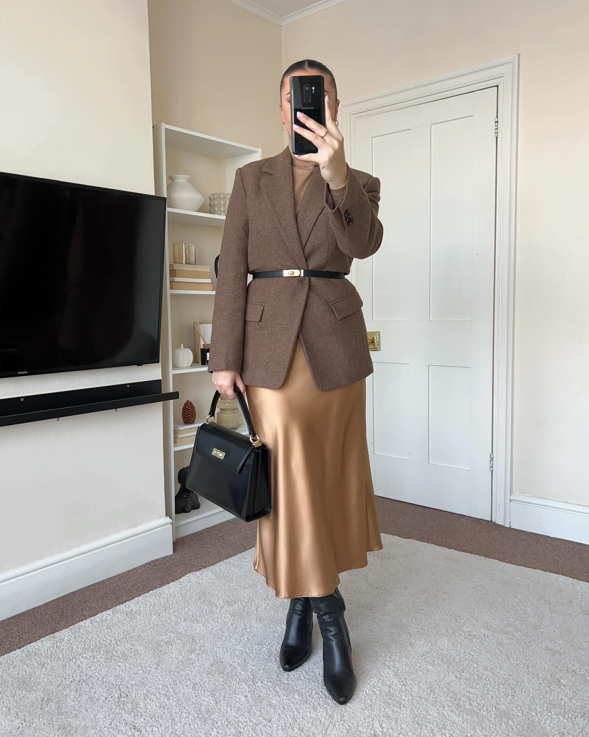 brown blazer long skirt