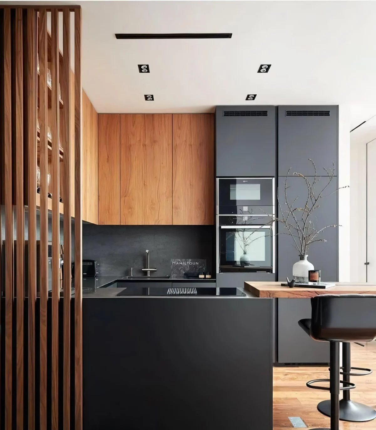 brown wood and black cabinets