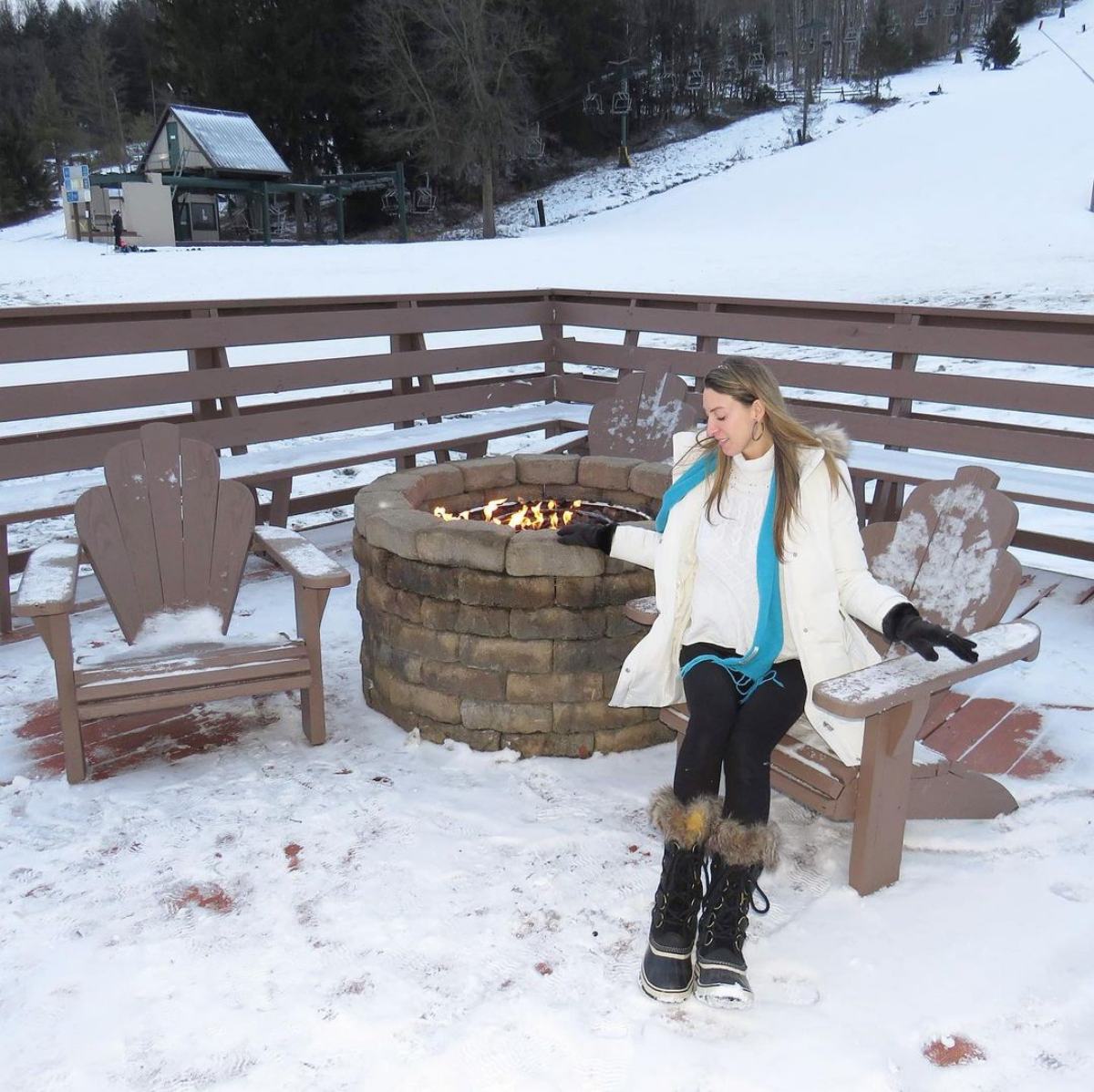 classic brick fire pit on ski lodge