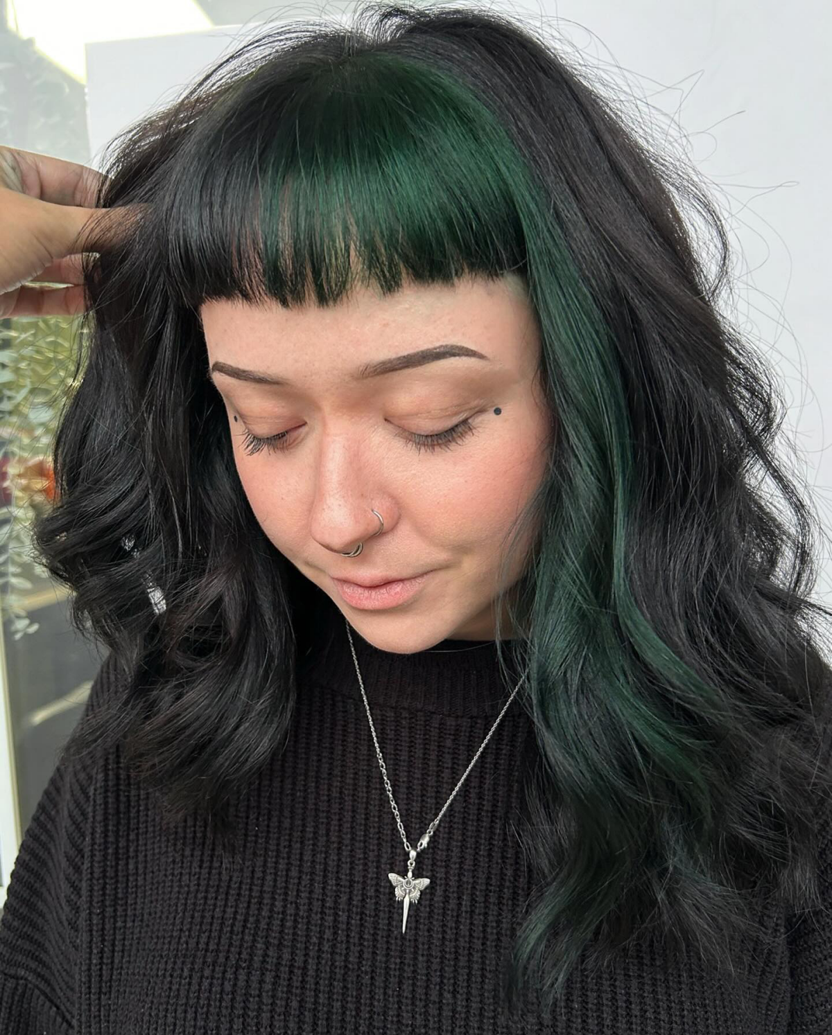 color blocking with green on black hair