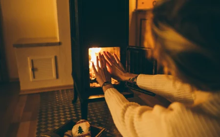 common heating mistakes woman getting warm on fireplace