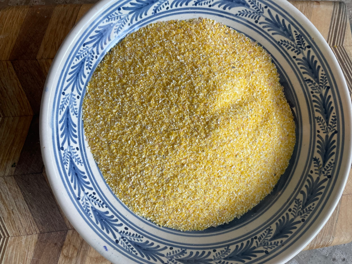 cornmeal in a blue and white bowl