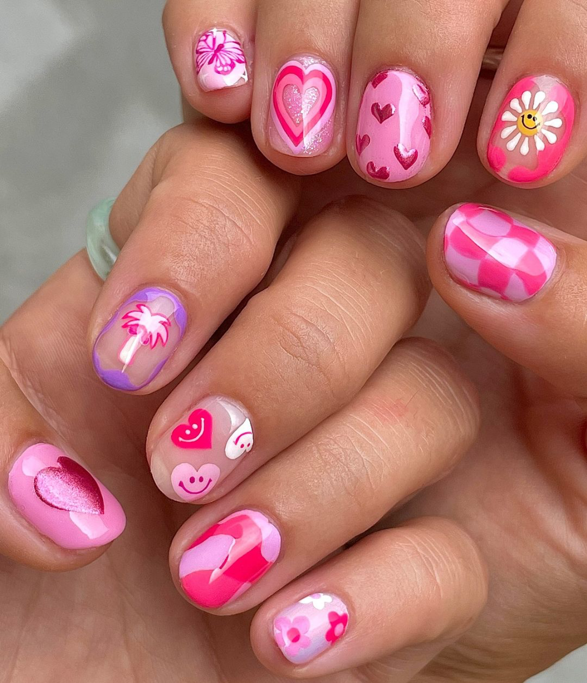 eclectic nail design in pink