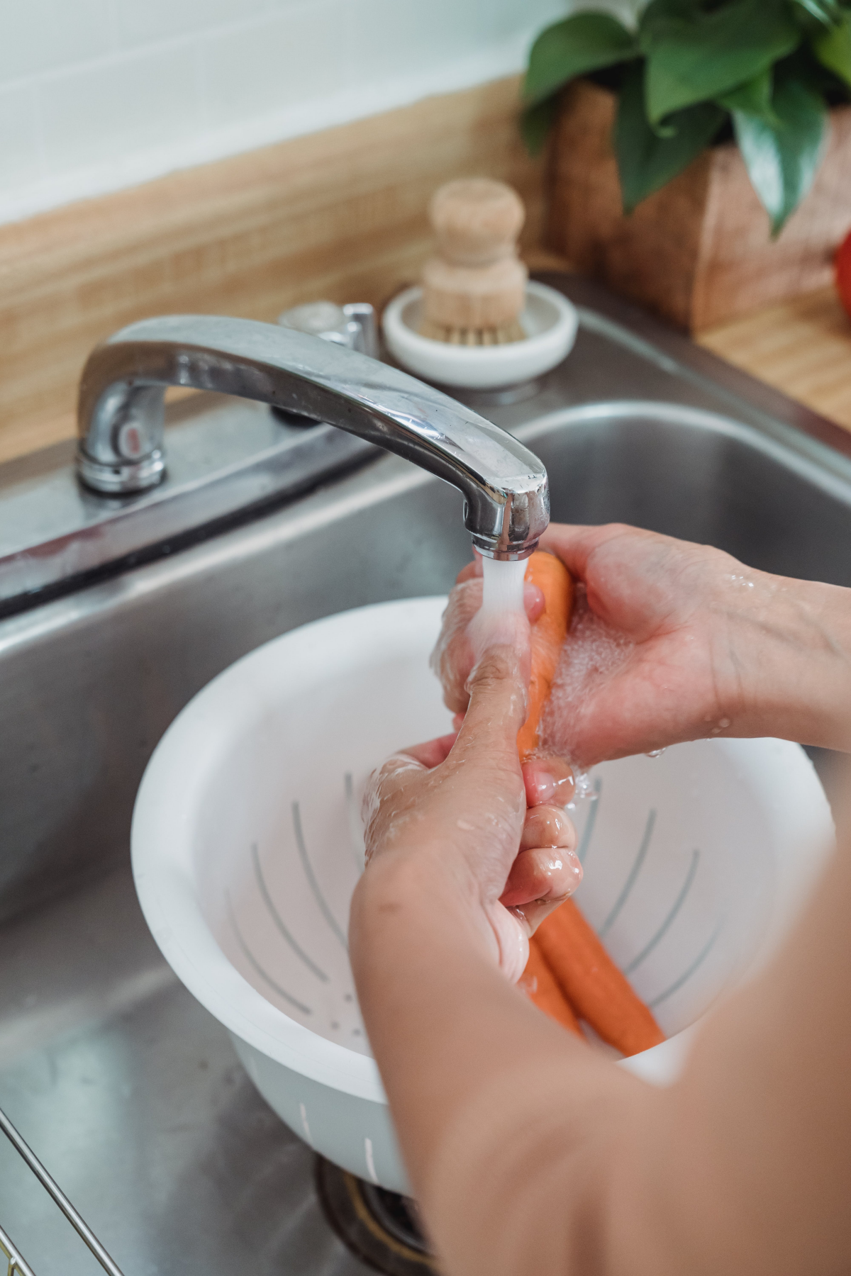 person washing carrots above sink